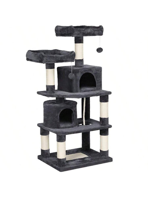 62.5" Tall Double Condo Cat Tree And Scratching Post Tower, Dark Gray