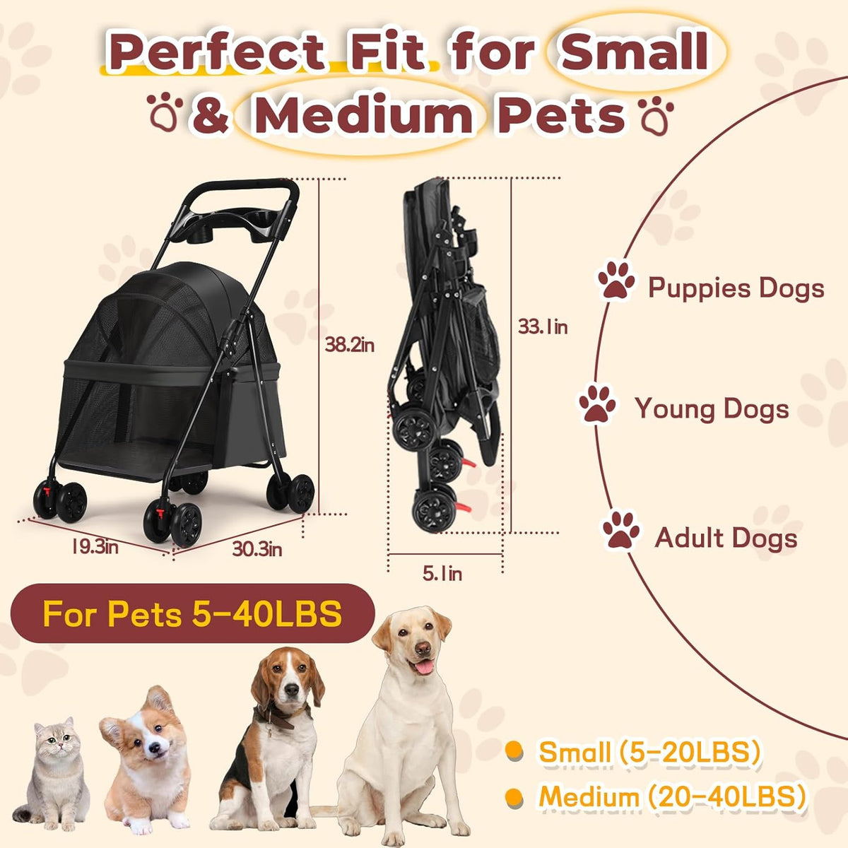 4-Wheel Pet Stroller for Small Medium Dogs with Removable & Detachable Carrier, Foldable Waterproof Dog Stroller with Breathable Mesh, Cup Holder, Storage Basket & Safety Leash (Pink)